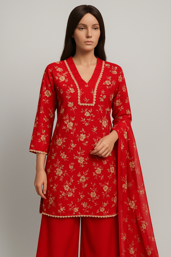 Red Printed Lawn Stitched Dress 3PC – Bold & Elegant Summer Wear