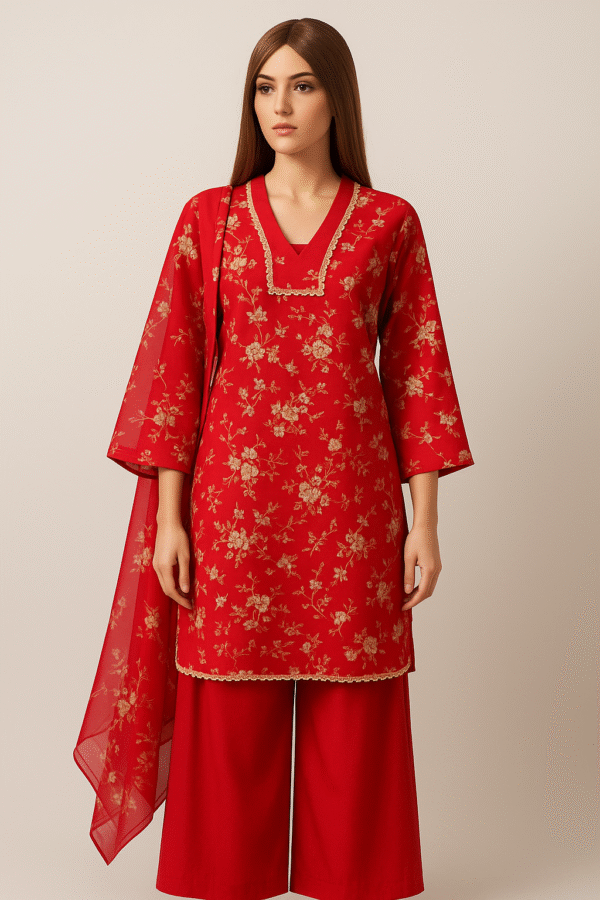 Red Printed Lawn Stitched Dress 3PC – Bold & Elegant Summer Wear