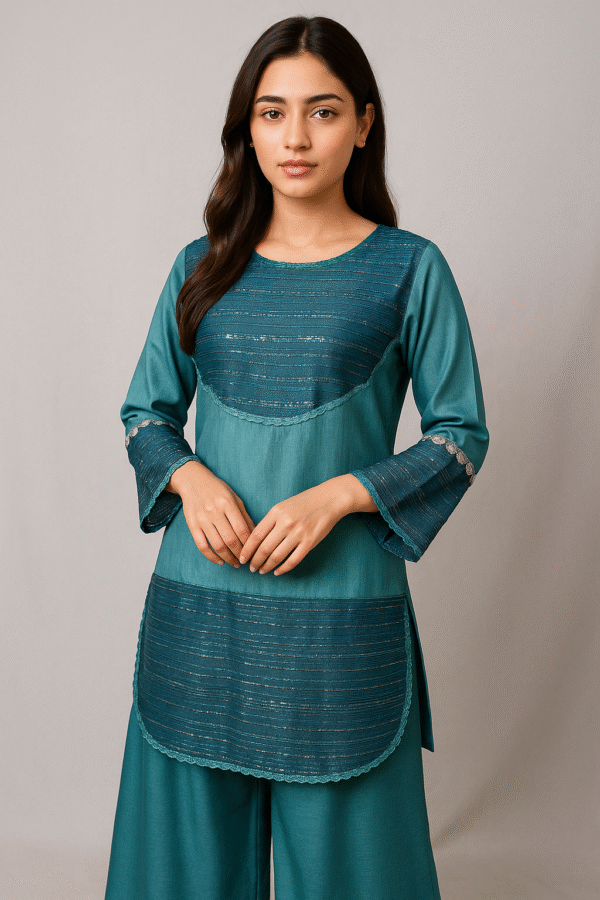 Sea Green Kattan Silk Dress – Elegant 3PC Stitched Suit for Casual & Formal Wear - Image 2