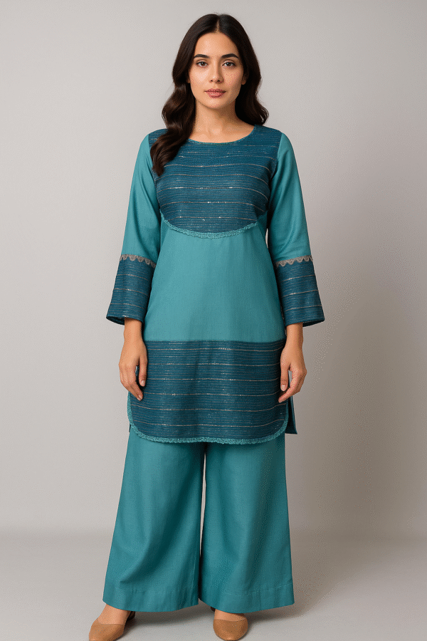 Sea Green Kattan Silk Dress – Elegant 3PC Stitched Suit for Casual & Formal Wear - Image 3