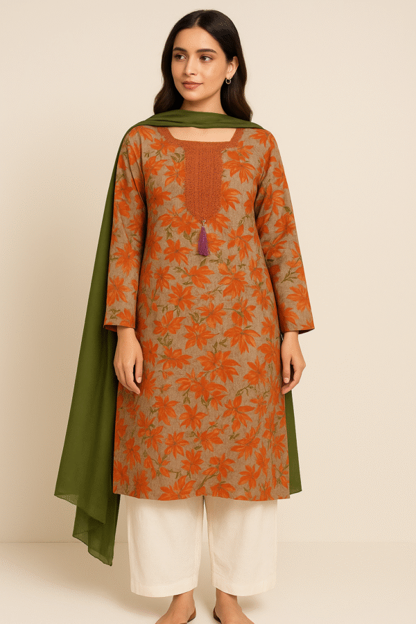 White Floral Lawn Stitched 3PC Dress – Elegant Purple Print with Dupatta & Shalwar