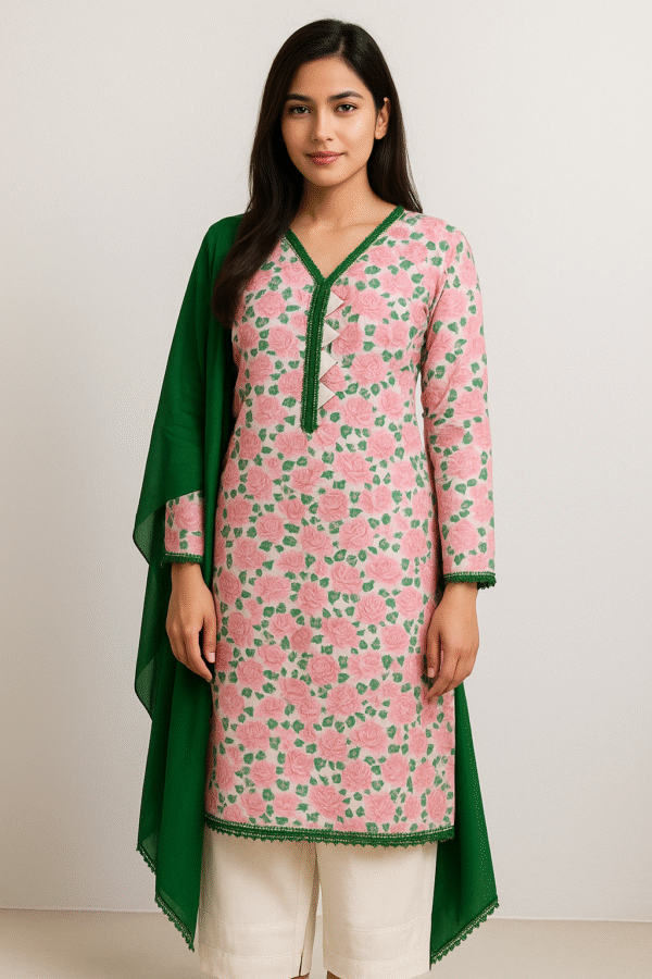 Printed Lawn Stitched Dress 3PC – Elegant Pink Floral Suit with Green Dupatta | Summer Collection