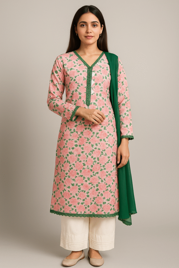 Printed Lawn Stitched Dress 3PC – Elegant Pink Floral Suit with Green Dupatta | Summer Collection