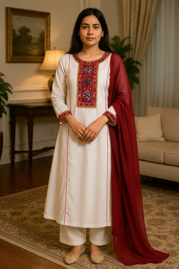 Elegant Kattan Silk Stitched 3PC Suit – Maroon Dupatta & Embroidered Neckline