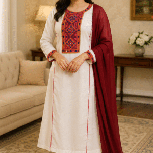 Elegant Kattan Silk Stitched 3PC Suit – Maroon Dupatta & Embroidered Neckline