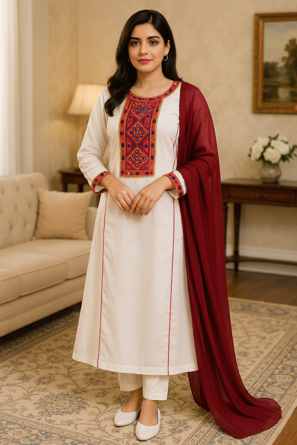 Elegant Kattan Silk Stitched 3PC Suit – Maroon Dupatta & Embroidered Neckline