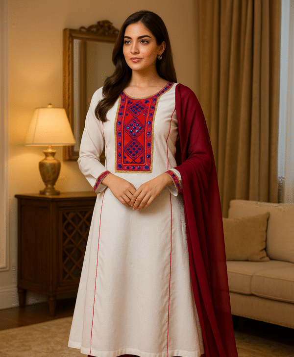 Elegant Kattan Silk Stitched 3PC Suit – Maroon Dupatta & Embroidered Neckline