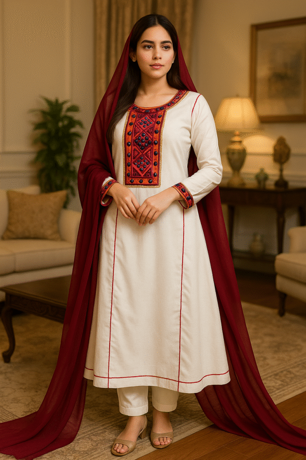 Elegant Kattan Silk Stitched 3PC Suit – Maroon Dupatta & Embroidered Neckline