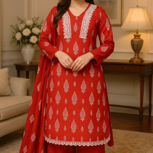 Elegant Red Lawn Stitched 3PC Suit – Printed Design with Lace Detailing