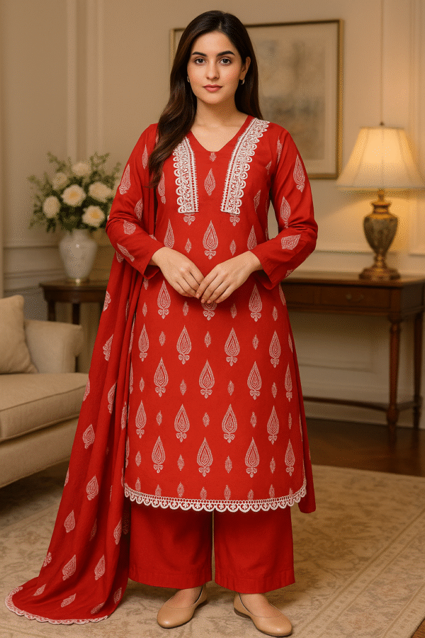 Elegant Red Lawn Stitched 3PC Suit – Printed Design with Lace Detailing