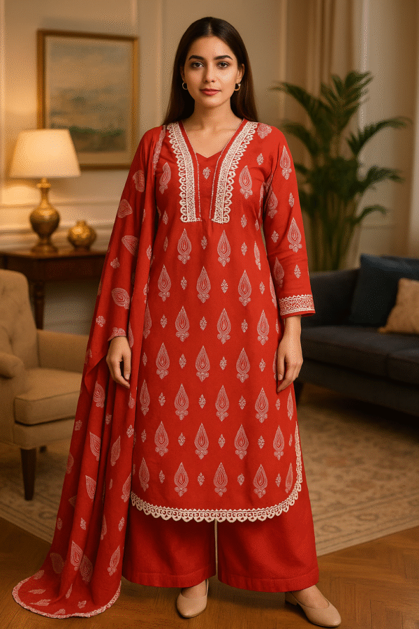 Elegant Red Lawn Stitched 3PC Suit – Printed Design with Lace Detailing