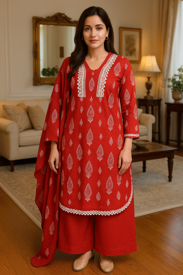 Elegant Red Lawn Stitched 3PC Suit – Printed Design with Lace Detailing - Image 3