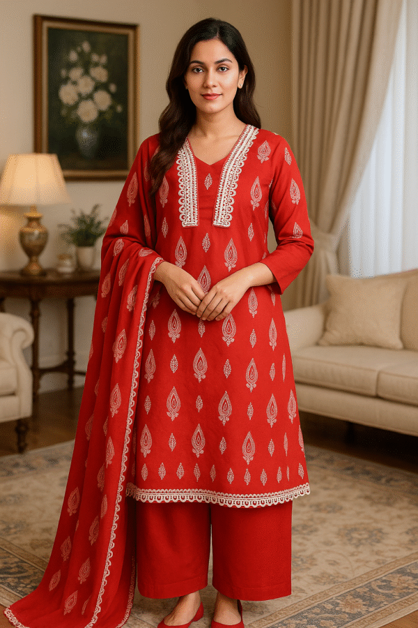 Elegant Red Lawn Stitched 3PC Suit – Printed Design with Lace Detailing - Image 2