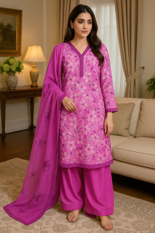 Floral Fuchsia Lawn Stitched 3PC Suit – Timeless Elegance in Bloom
