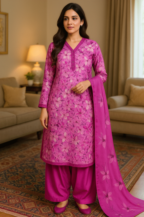 Floral Fuchsia Lawn Stitched 3PC Suit – Timeless Elegance in Bloom