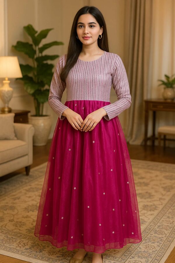 Purple Twilight Chiffon Frock – Stitched 2PC Elegant Wear with Shimmer Bodice & Embroidered Net Skirt