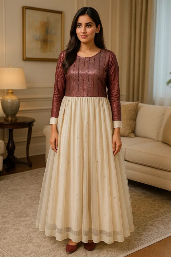 Maroon Shimmer Cream Flair Dress – Stitched 2PC Luxury Wear with Elegant Net Skirt & Full Sleeves
