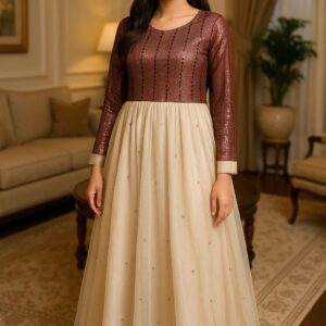 Maroon Shimmer Cream Flair Dress – Stitched 2PC Luxury Wear with Elegant Net Skirt & Full Sleeves