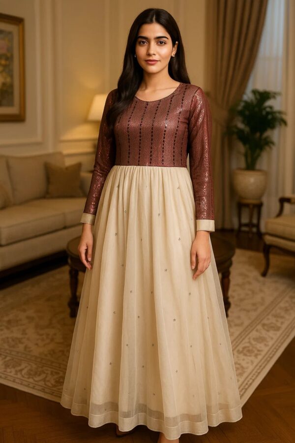 Maroon Shimmer Cream Flair Dress – Stitched 2PC Luxury Wear with Elegant Net Skirt & Full Sleeves