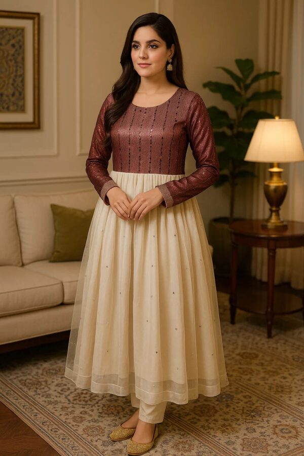 Maroon Shimmer Cream Flair Dress – Stitched 2PC Luxury Wear with Elegant Net Skirt & Full Sleeves