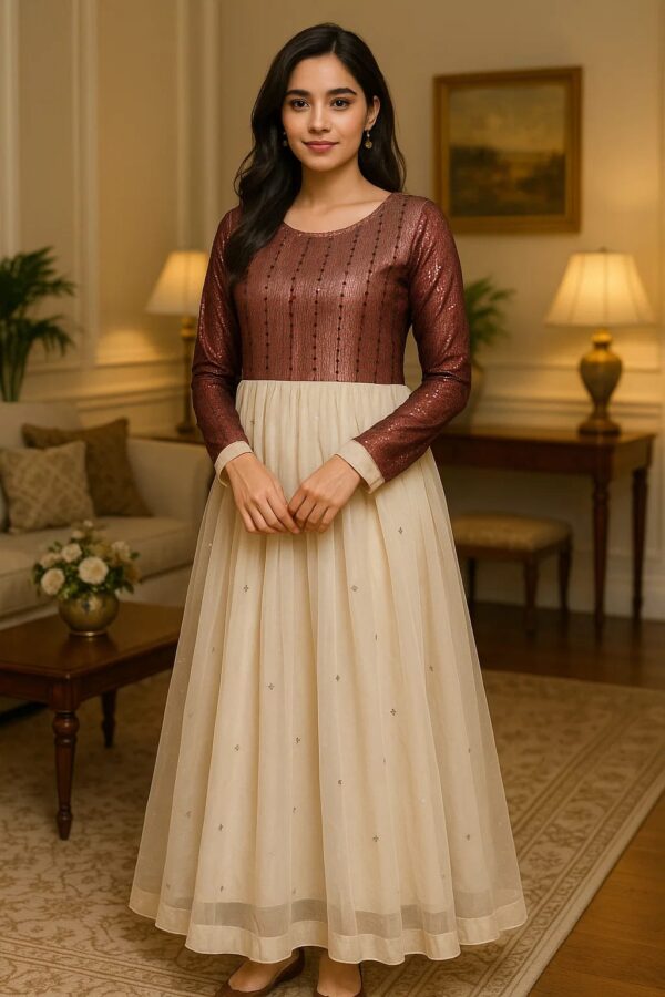 Maroon Shimmer Cream Flair Dress – Stitched 2PC Luxury Wear with Elegant Net Skirt & Full Sleeves