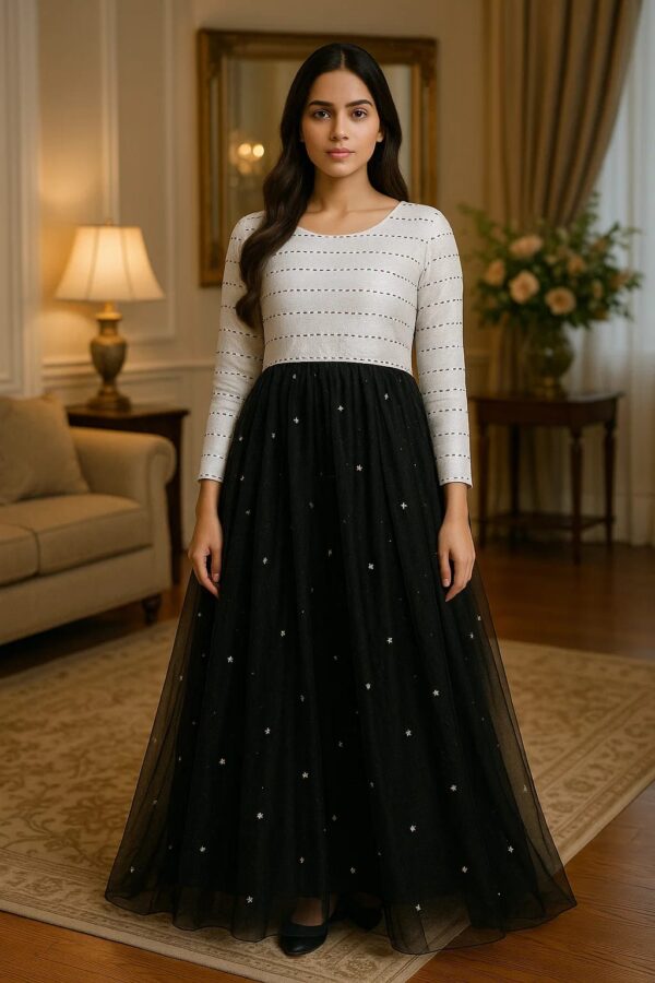 🖤 Black Star Dust Grace – Stitched 2PC Luxury Long Frock with Embellished Net Flair & Sleek Full Sleeves