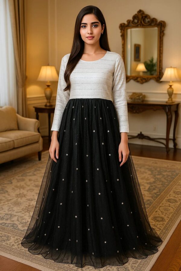 🖤 Black Star Dust Grace – Stitched 2PC Luxury Long Frock with Embellished Net Flair & Sleek Full Sleeves