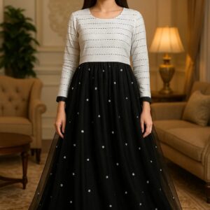 🖤 Black Star Dust Grace – Stitched 2PC Luxury Long Frock with Embellished Net Flair & Sleek Full Sleeves