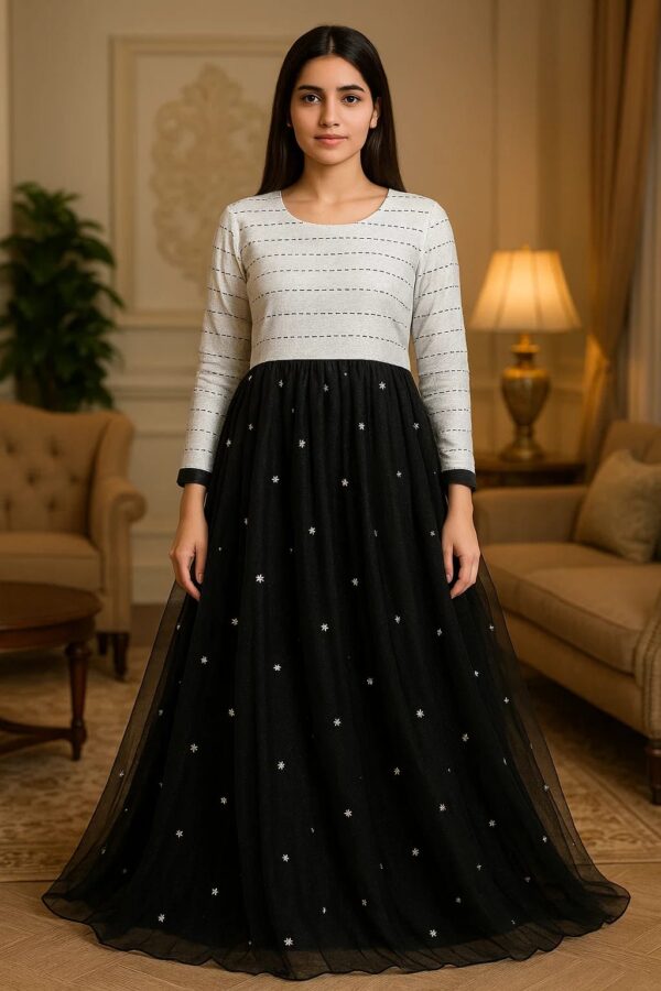 🖤 Black Star Dust Grace – Stitched 2PC Luxury Long Frock with Embellished Net Flair & Sleek Full Sleeves