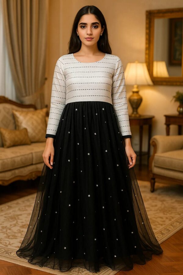🖤 Black Star Dust Grace – Stitched 2PC Luxury Long Frock with Embellished Net Flair & Sleek Full Sleeves