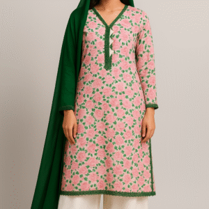 Printed Lawn Stitched Dress 3PC – Elegant Pink Floral Suit with Green Dupatta | Summer Collection