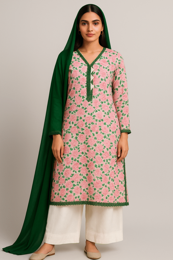 Printed Lawn Stitched Dress 3PC – Elegant Pink Floral Suit with Green Dupatta | Summer Collection