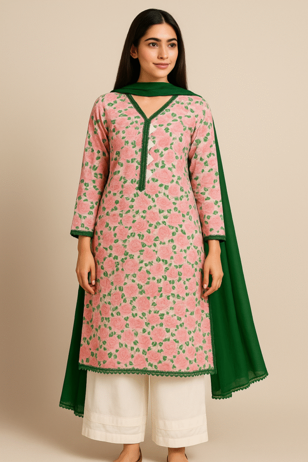 Printed Lawn Stitched Dress 3PC – Elegant Pink Floral Suit with Green Dupatta | Summer Collection