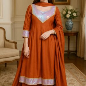 Rust Radiance Kattan Silk Frock – Stitched 3PC Formal Dress with Lavender Shimmer Accents & Flowing Dupatta