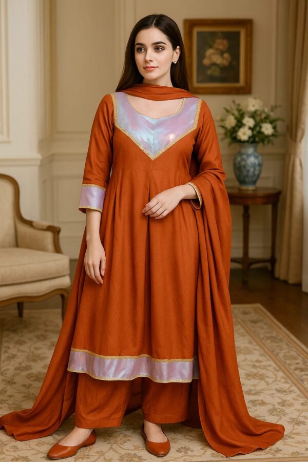 Rust Radiance Kattan Silk Frock – Stitched 3PC Formal Dress with Lavender Shimmer Accents & Flowing Dupatta