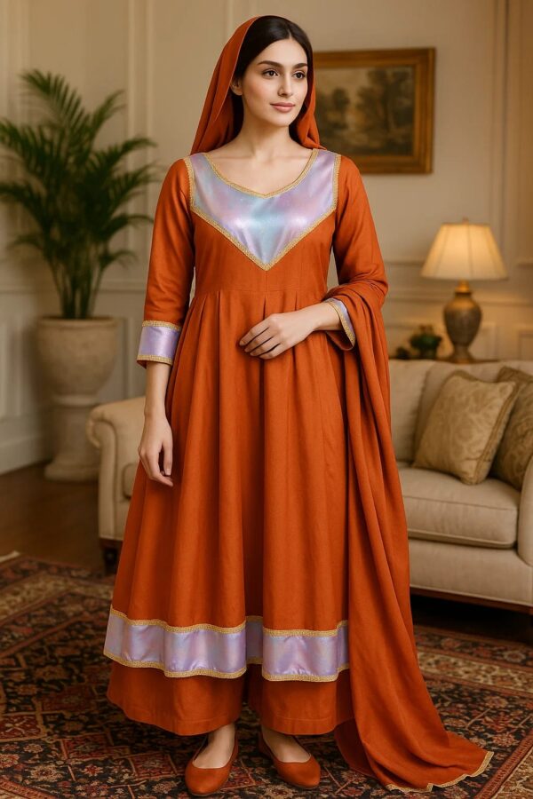 Rust Radiance Kattan Silk Frock – Stitched 3PC Formal Dress with Lavender Shimmer Accents & Flowing Dupatta