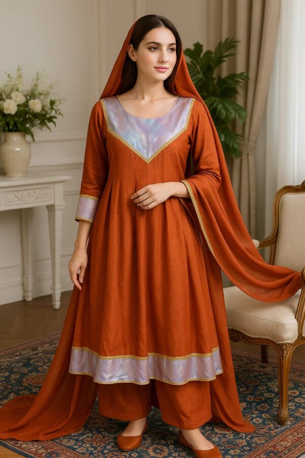 Rust Radiance Kattan Silk Frock – Stitched 3PC Formal Dress with Lavender Shimmer Accents & Flowing Dupatta