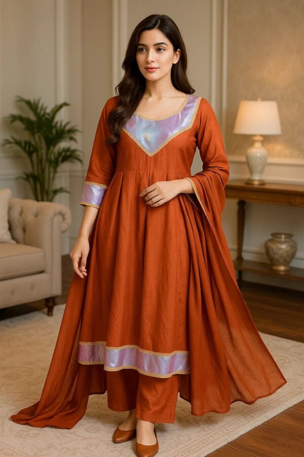 Rust Radiance Kattan Silk Frock – Stitched 3PC Formal Dress with Lavender Shimmer Accents & Flowing Dupatta
