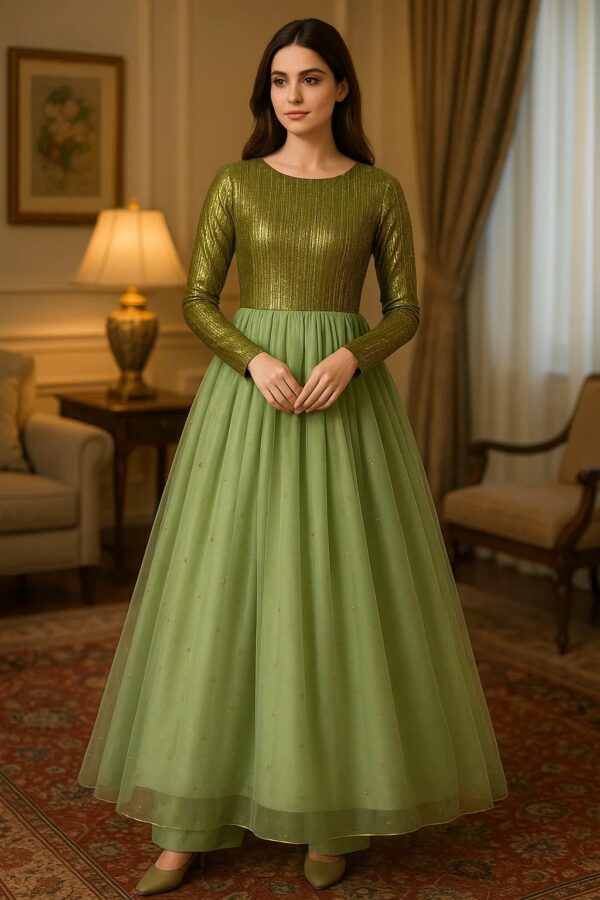Olive Grace Net Frock – Stitched 3PC Formal Ensemble with Timeless Glamour