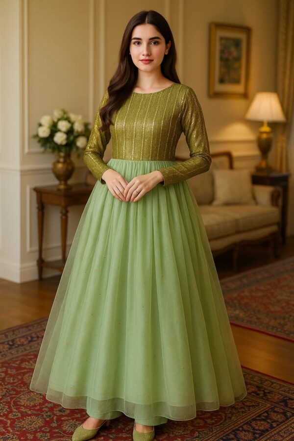 Olive Grace Net Frock – Stitched 2PC Formal Ensemble with Timeless Glamour