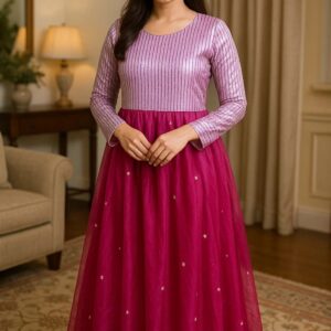 Purple Twilight Chiffon Frock – Stitched 2PC Elegant Wear with Shimmer Bodice & Embroidered Net Skirt