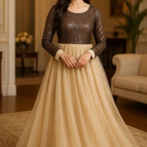 2PC Golden Beige & Brown Frock – Elegant Shimmer Outfit for Weddings & Parties