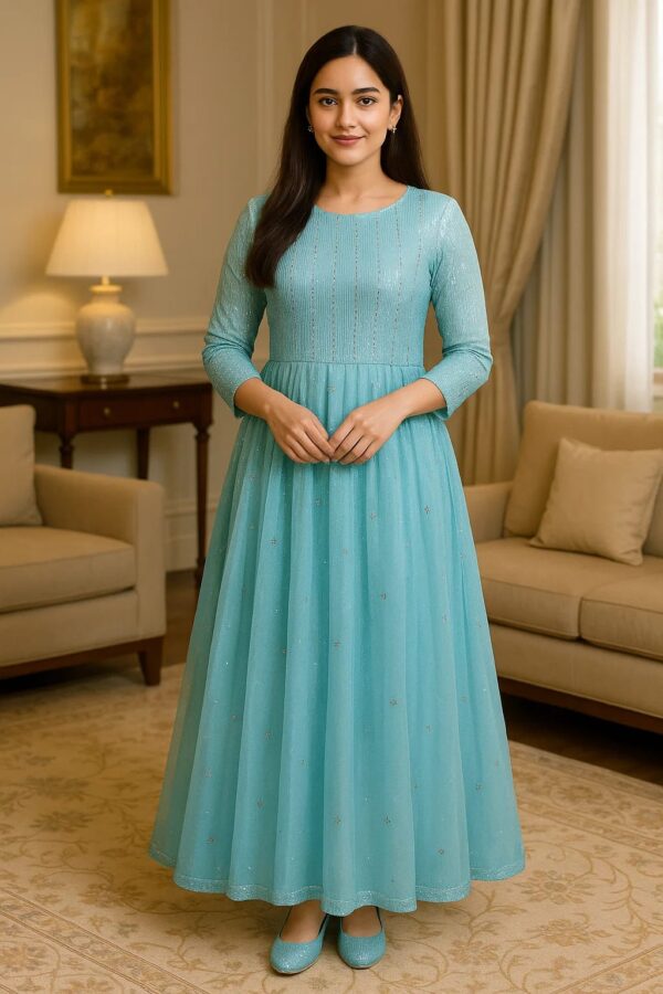 2PC Stitched Aqua Blue Frock – Graceful Formal Wear for Festive & Party Occasions