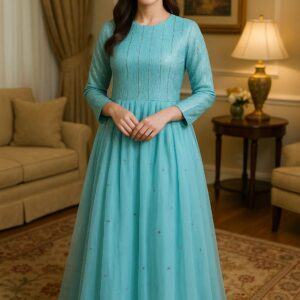 2PC Stitched Aqua Blue Frock – Graceful Formal Wear for Festive & Party Occasions