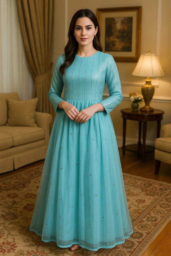 2PC Stitched Aqua Blue Frock – Graceful Formal Wear for Festive & Party Occasions