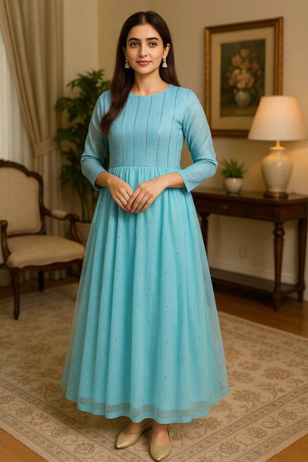 2PC Stitched Aqua Blue Frock – Graceful Formal Wear for Festive & Party Occasions