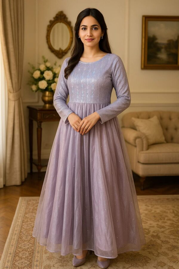 💜 Lavender Luxe – Stitched Net Frock 2PC for Timeless Grace