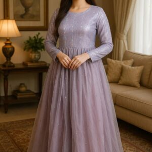 💜 Lavender Luxe – Stitched Net Frock 2PC for Timeless Grace