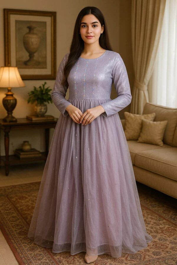 💜 Lavender Luxe – Stitched Net Frock 2PC for Timeless Grace