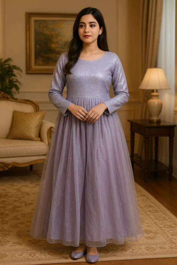 💜 Lavender Luxe – Stitched Net Frock 2PC for Timeless Grace